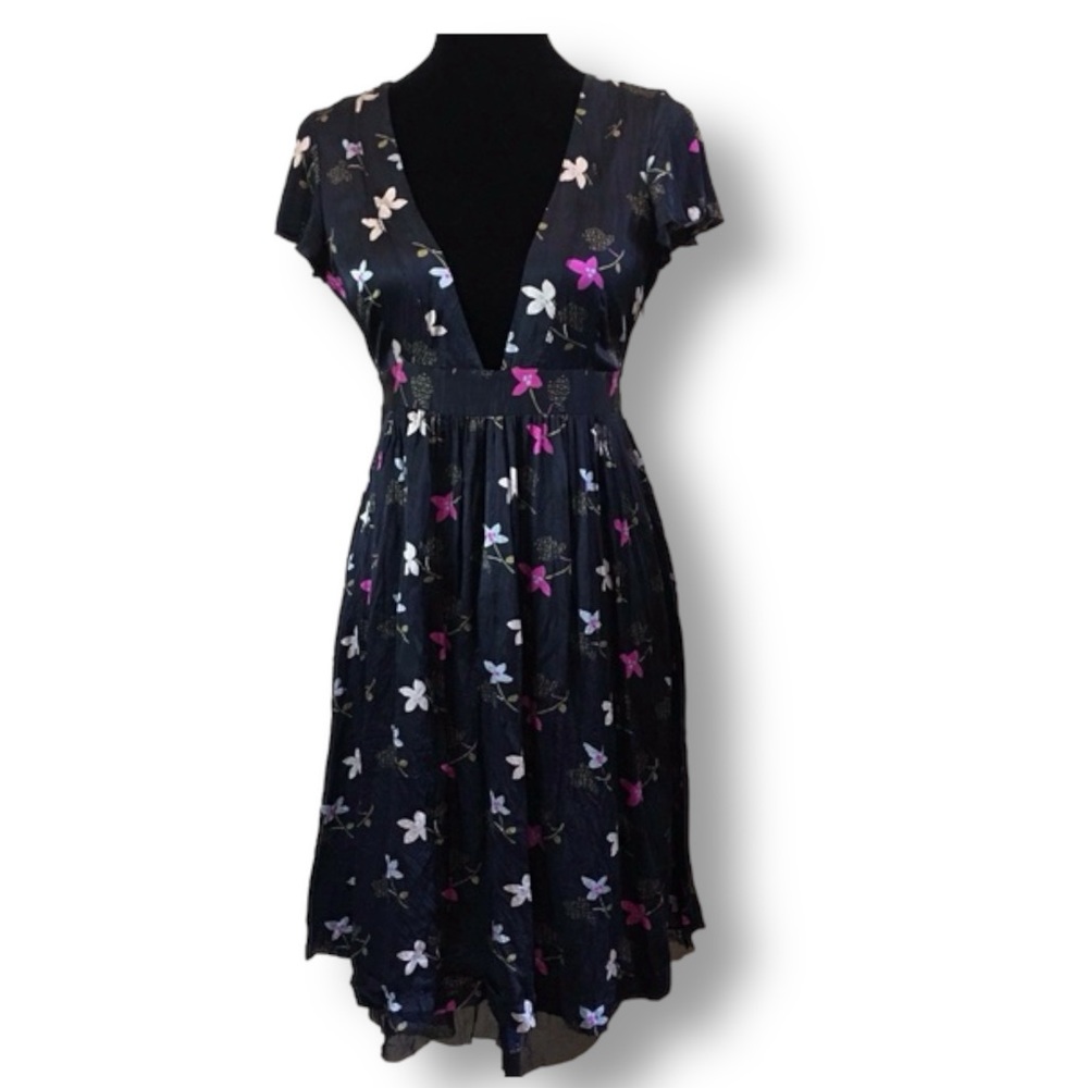 Free People Vintage 90s Black Kimono Floral Silk Dress 10